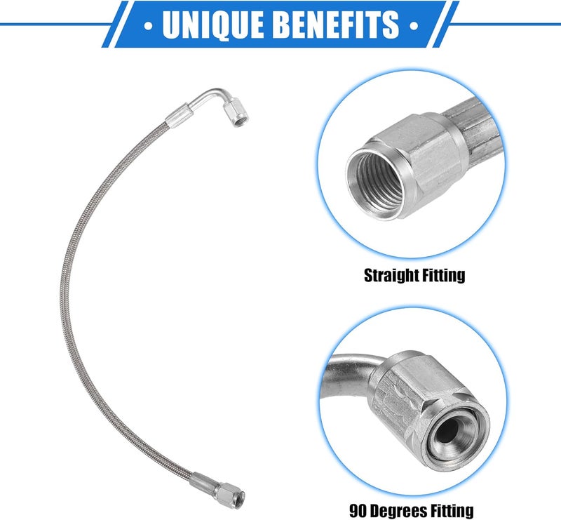 VekAuto AN3 Braided Steel Turbo Oil Feed Line 90 Degree to Straight Hose End, 15" Remote Turbocharger Oil Drain Return Line Universal for Car Durable Stainless Steel PTFE Silver Tone - Image 3